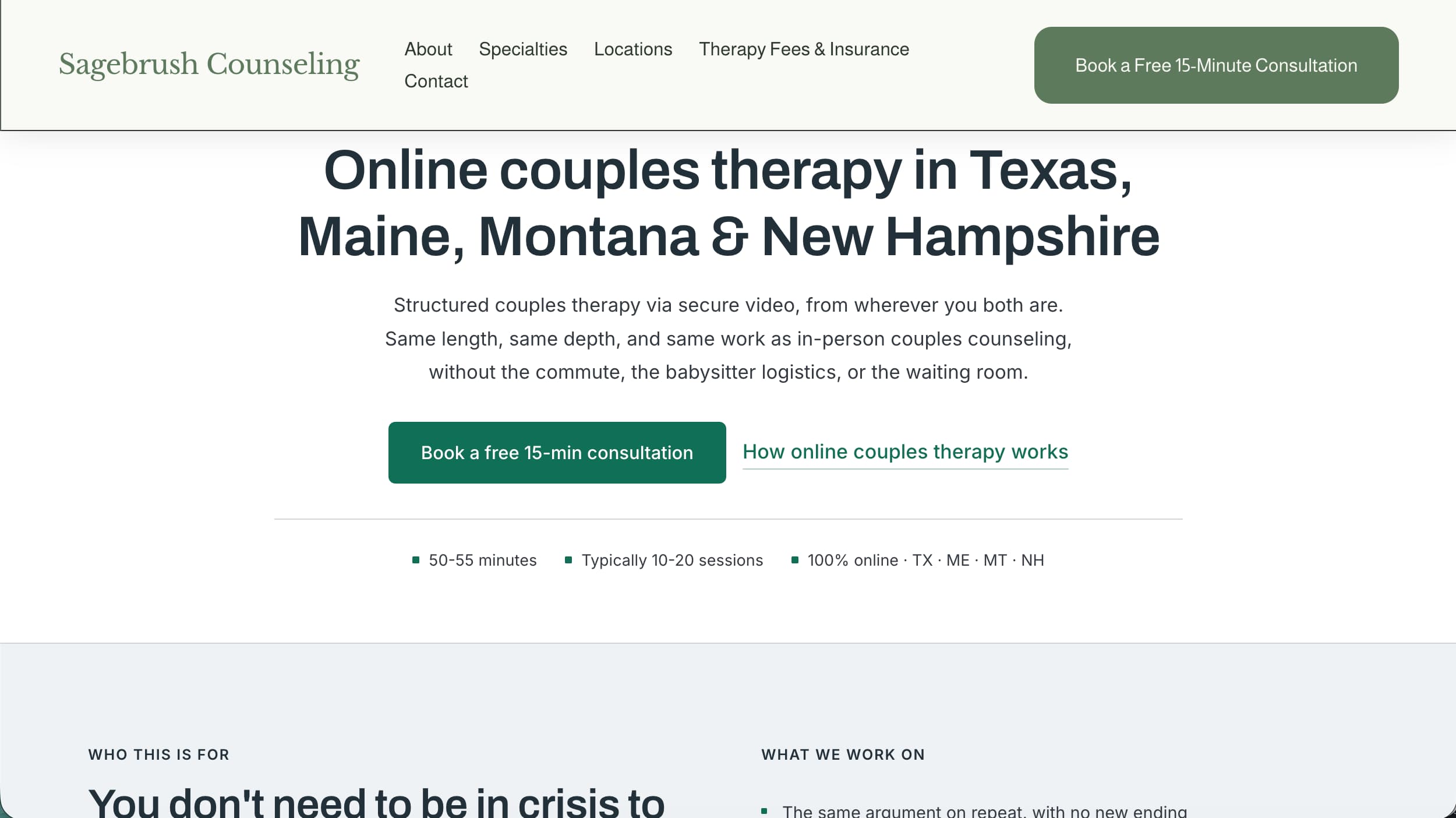 Sagebrush Counseling online couples therapy website example