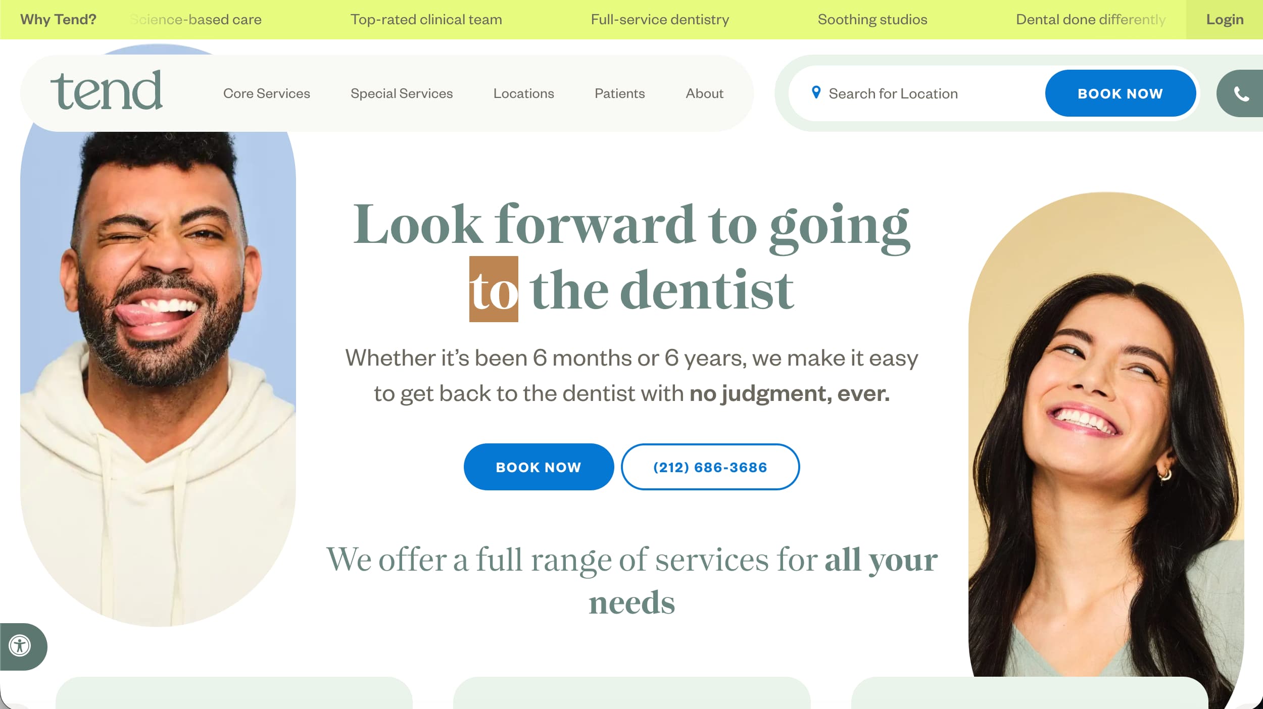Tend dental website homepage example