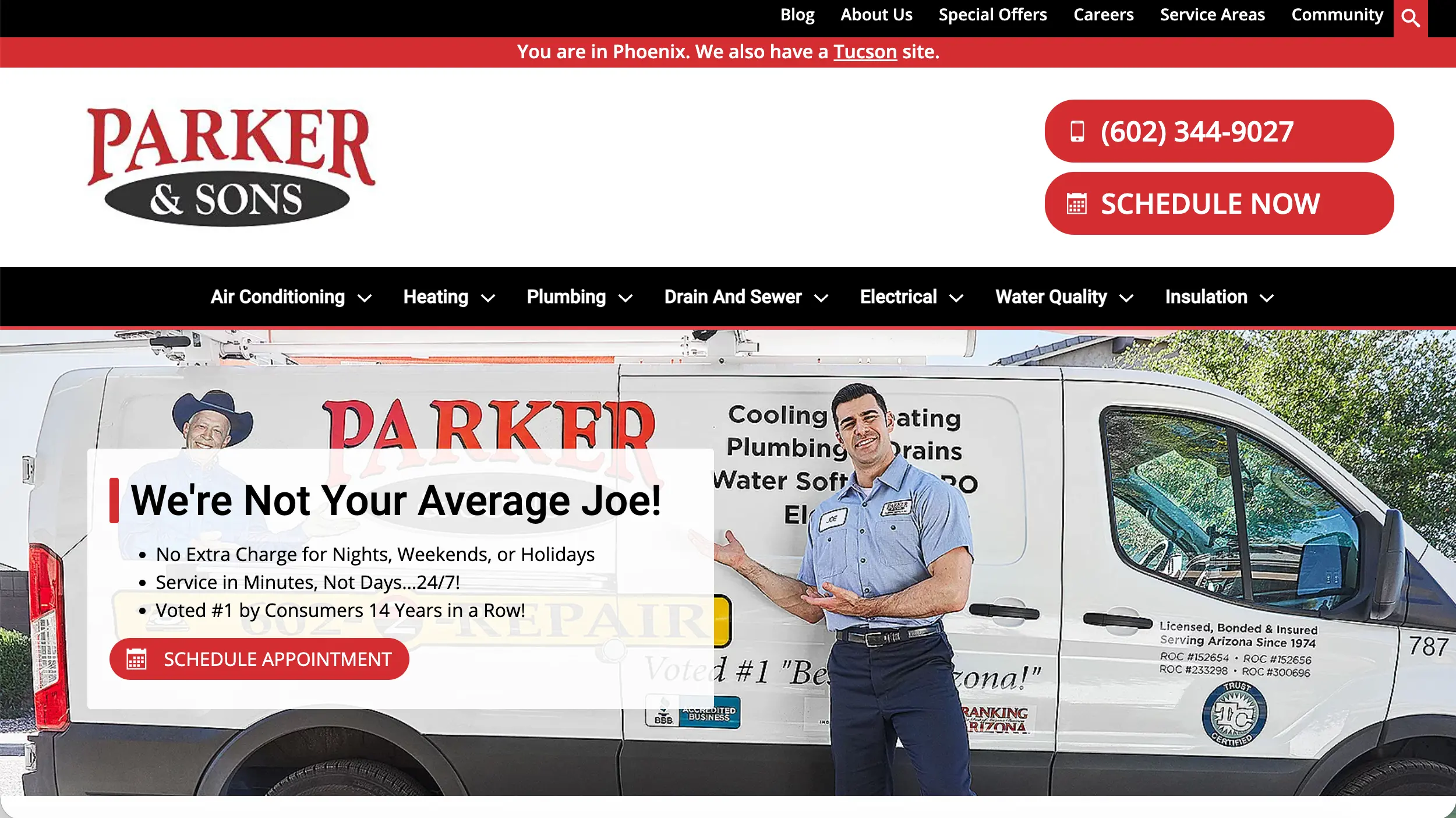 Parker and Sons HVAC website homepage example