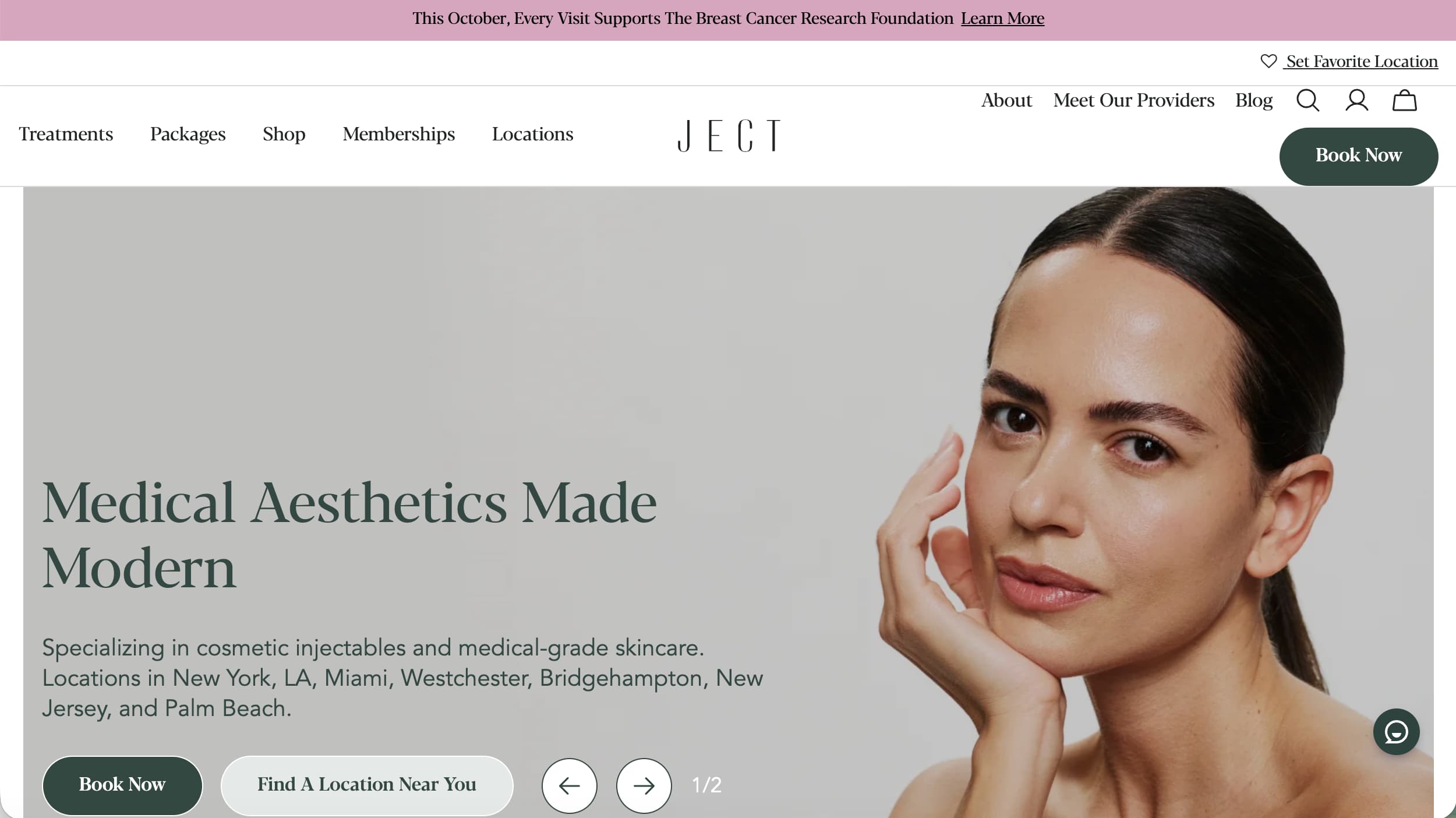 JECT medical aesthetics website homepage example