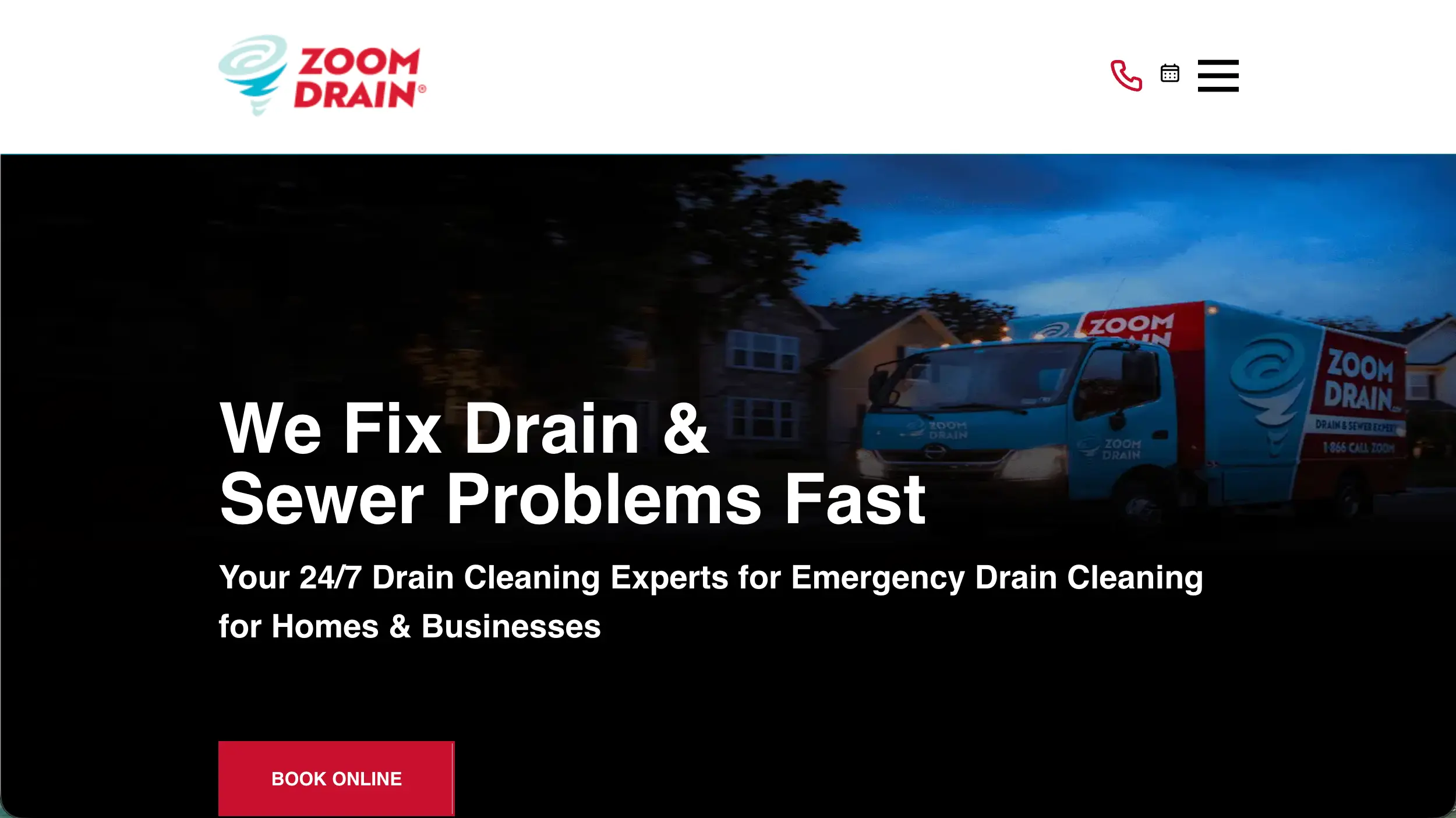 ZOOM DRAIN plumbing website homepage example