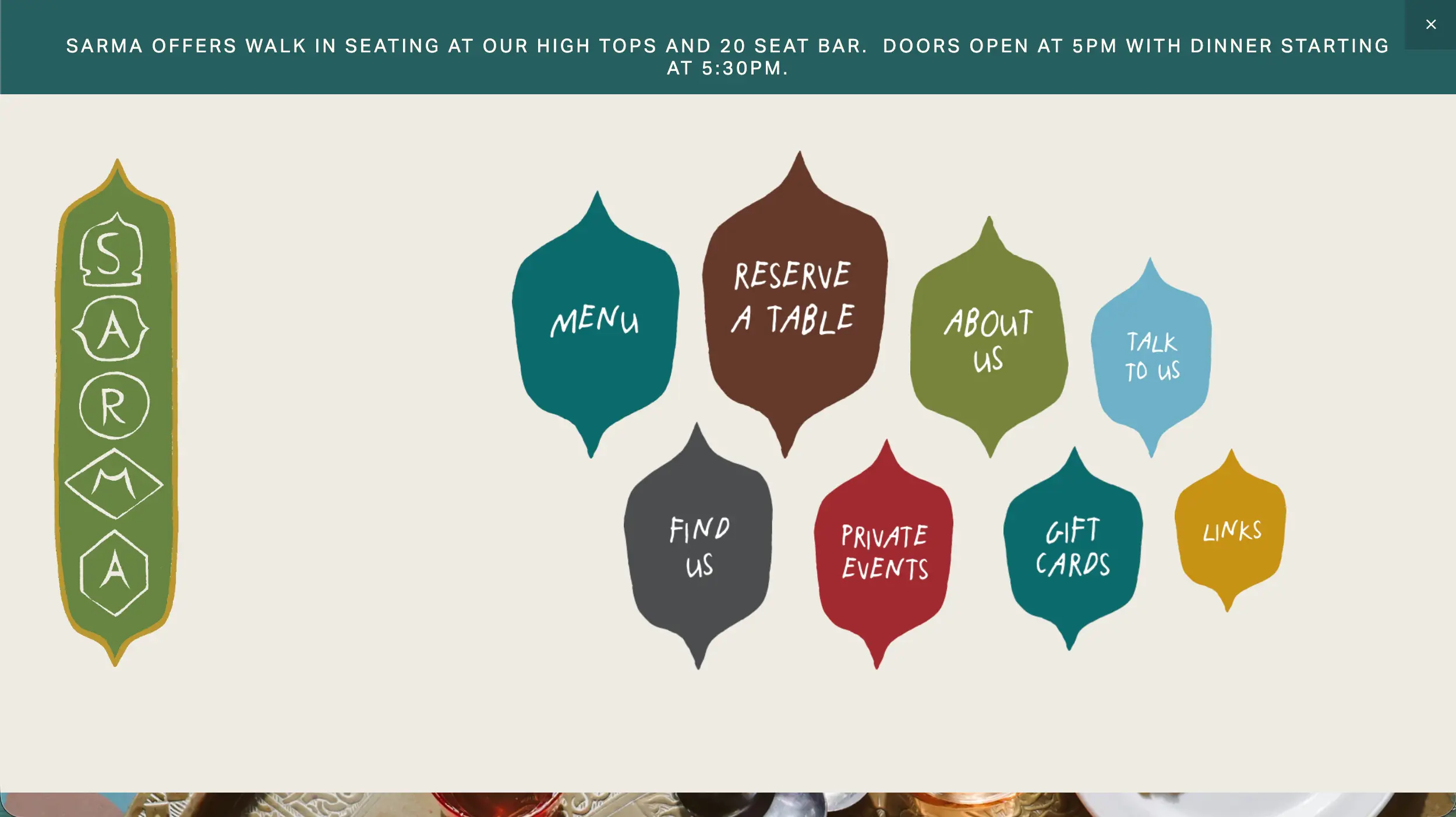 Sarma restaurant website homepage example