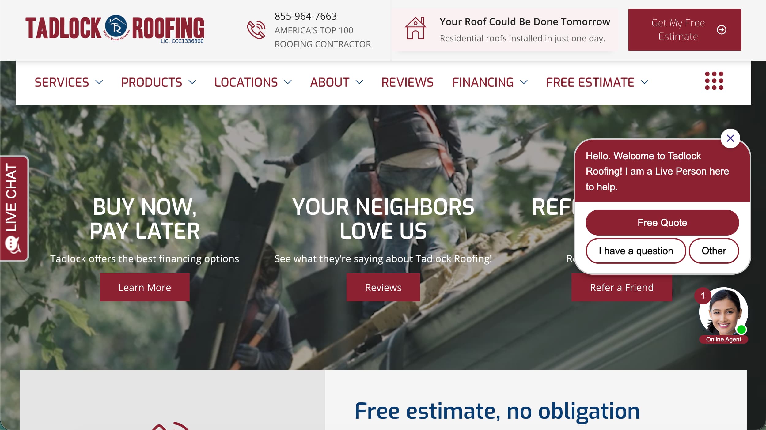 Tadlock Roofing website homepage example