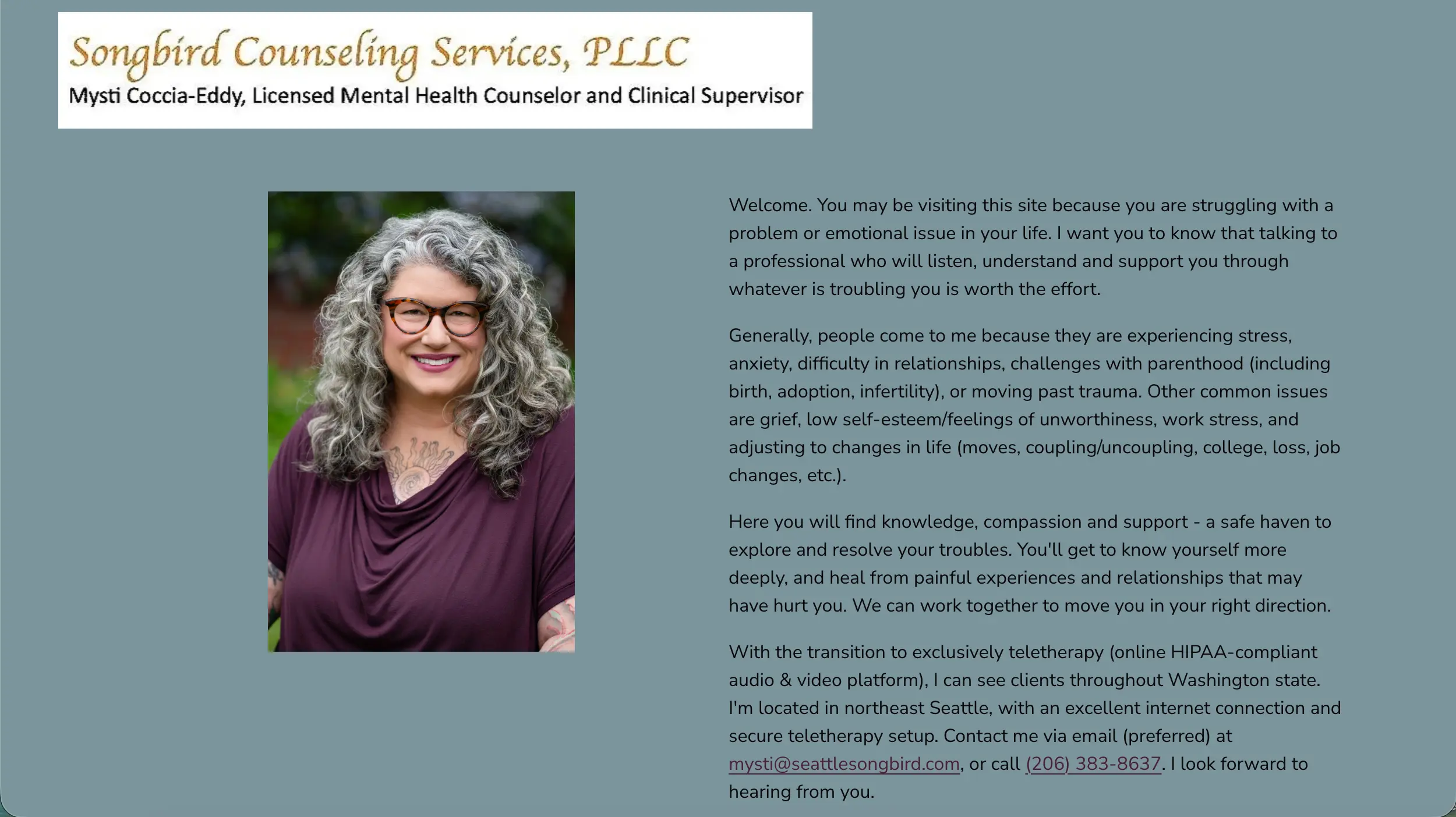 Songbird Counseling Services therapist website homepage example